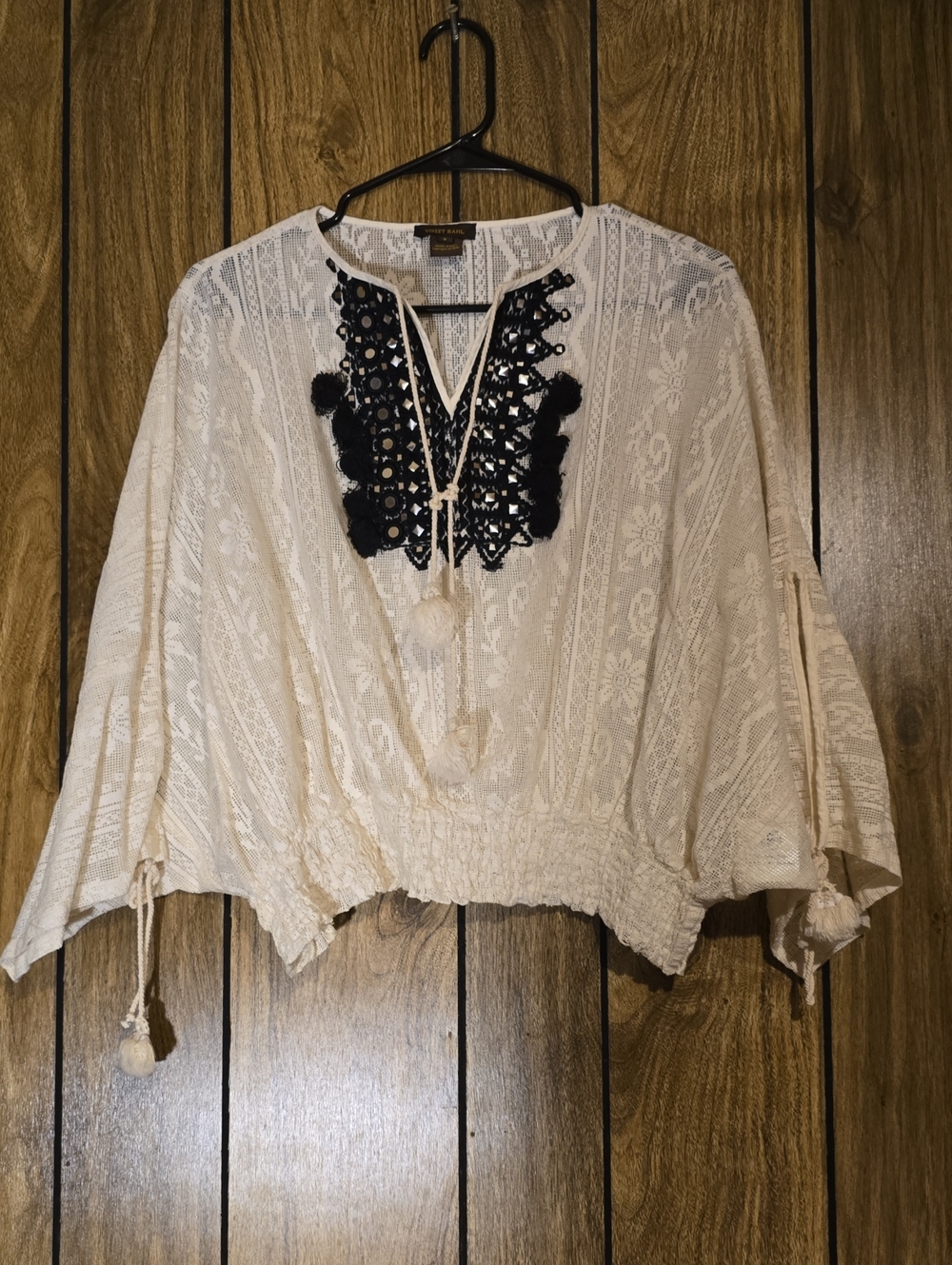 Embroidered Cream Lace Peasant Tunic with Black Applique